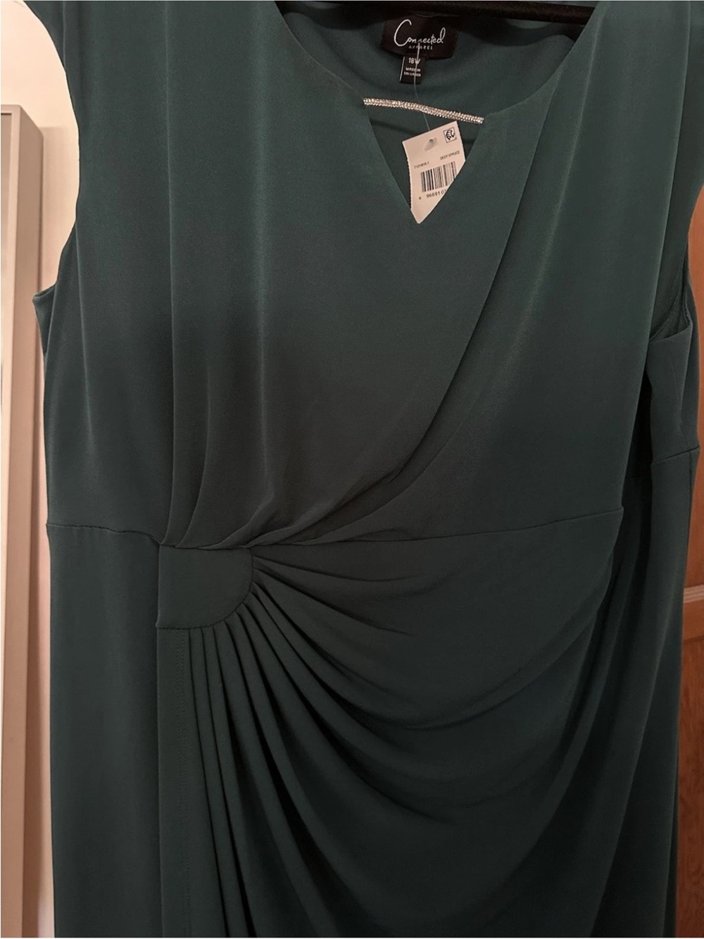 Connected Apparel 20W Hunter Green Jersey Sheath Dress Ruched 3/4 Sheer Sleeve - Picture 3 of 8